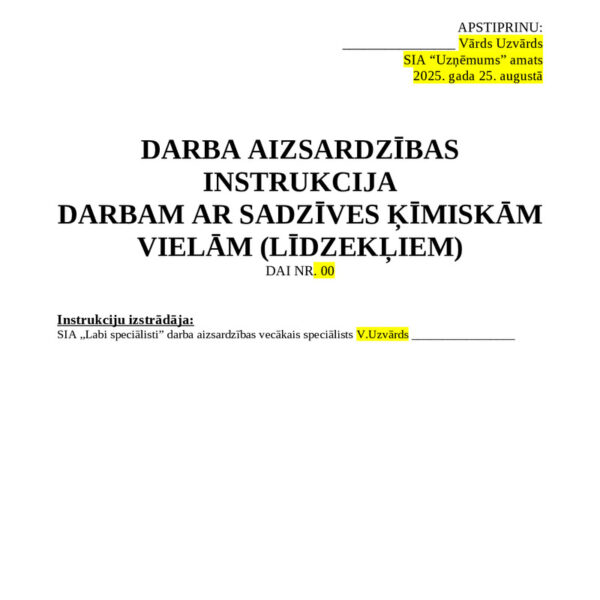 Darba aizsardzības instrukcija darba ar sadzīves ķīmiskām vielām (līdzekļiem)